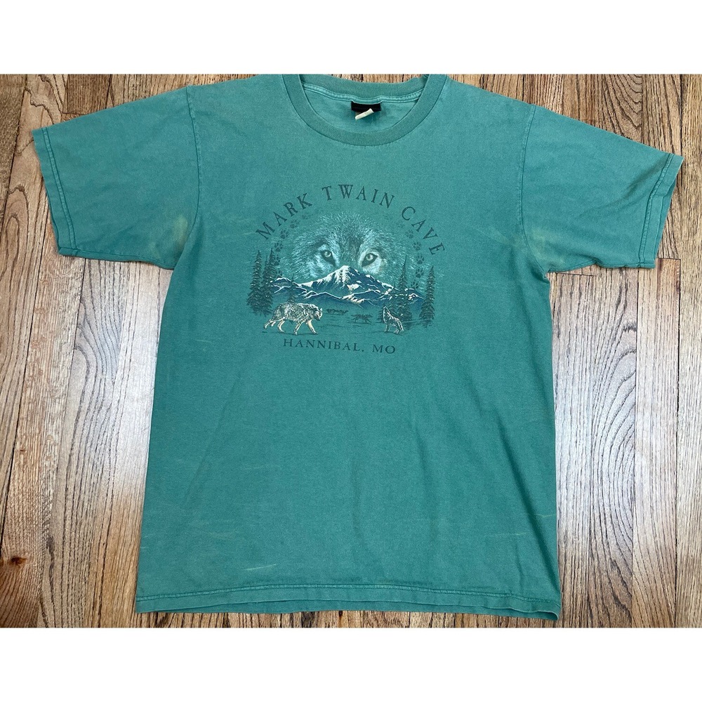 Vintage Mark Twain Cave Wolf Print Hannibal Missouri T Shirt Men's‎ Sz Large